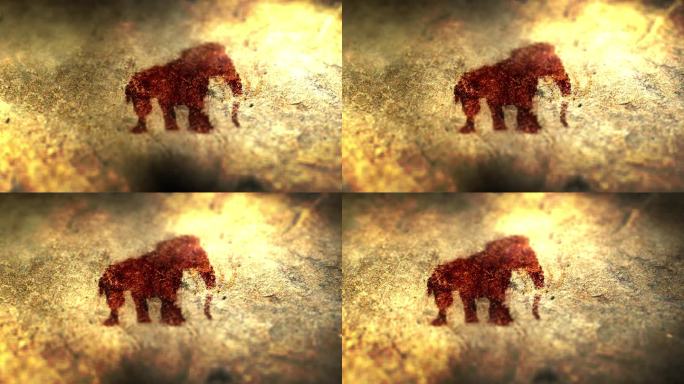 镜头平移到猛犸象或乳齿象的古代洞穴壁画上