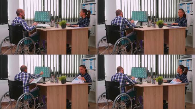 瘫痪的金融专家坐在轮椅上分析经济