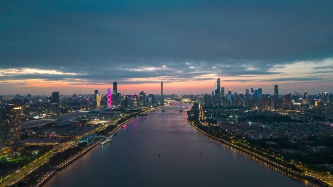 航拍广州珠江新城日落广州晚霞广州夜景