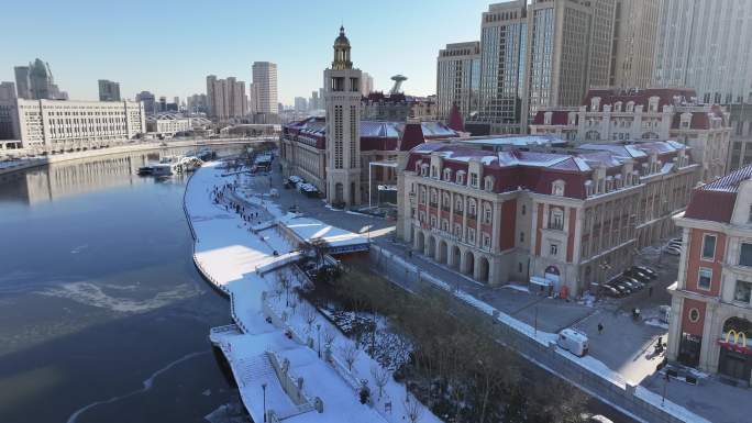 4K原素材-航拍天津雪景，津湾大剧院