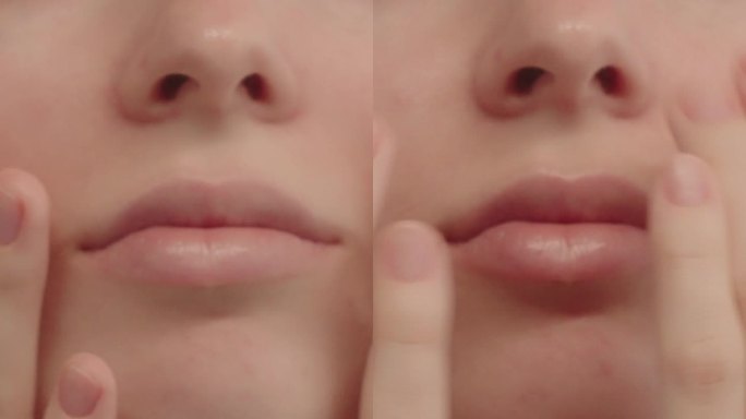 女性嘴唇和下巴的特写。女人抚平脸颊上的皮肤。