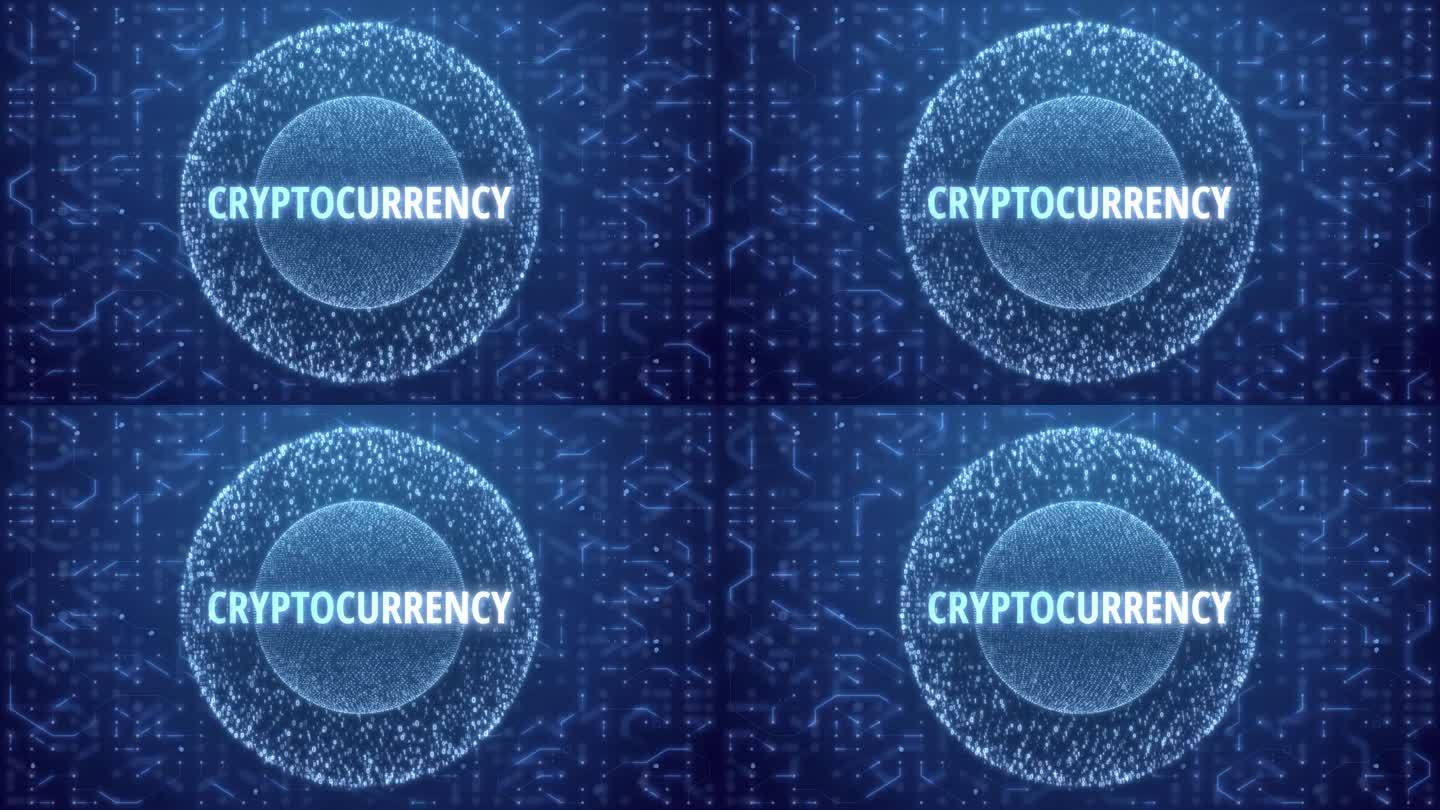 电路背景下矩阵球上的加密货币概念。球体形式的随机数在电路蓝色背景上