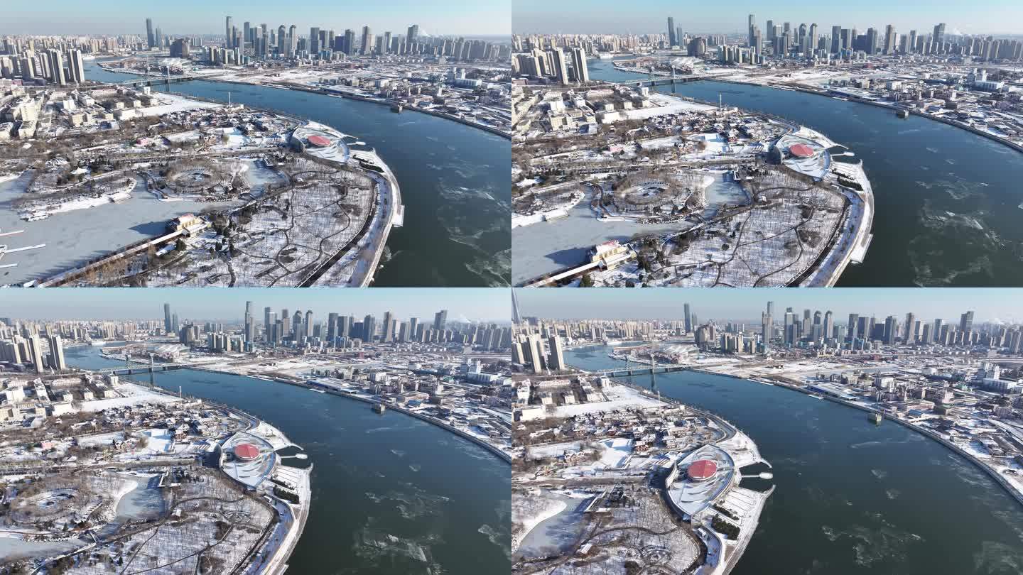 4K原素材-航拍天津市河滨公园雪景