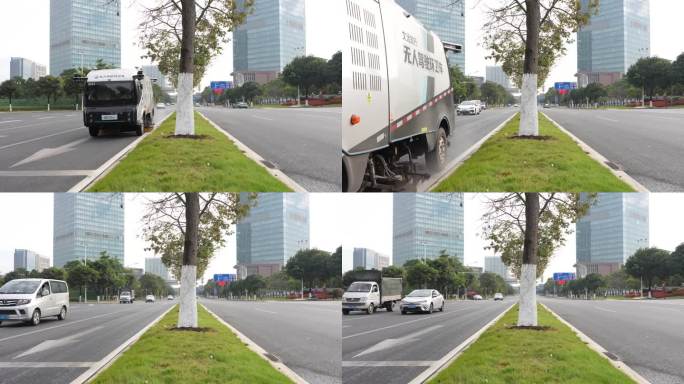 4K实拍，广州生物岛马路与自动驾驶环卫车
