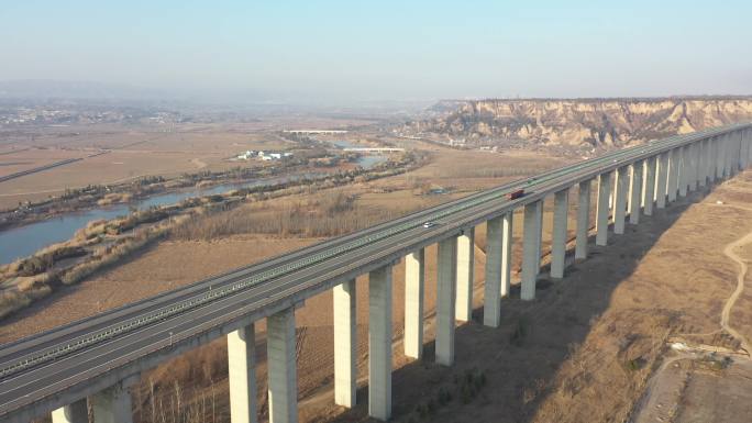 韩城芝川特大桥公路高速桥梁黄河沿岸航拍