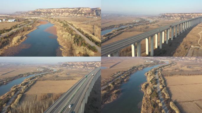 韩城芝川特大桥公路高速桥梁黄河沿岸航拍