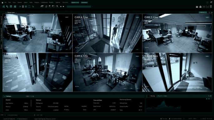 监控摄像头闭路电视视频，多屏幕显示人们在办公室工作。高科技安全和数据保护模型。用于计算机显示器的屏幕