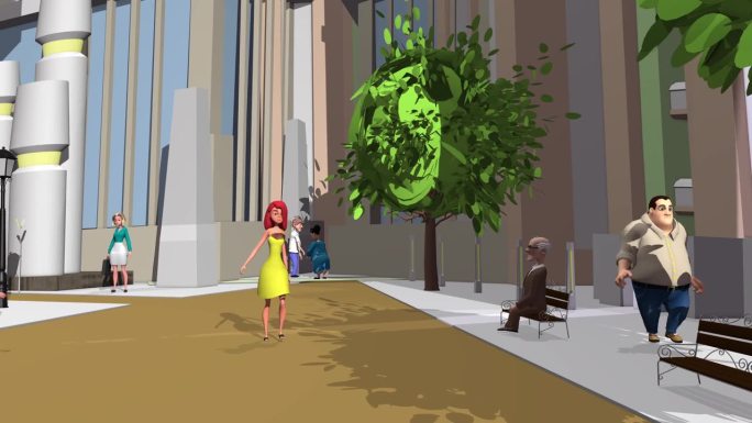 3d动画，许多卡通人物走在城市街道上