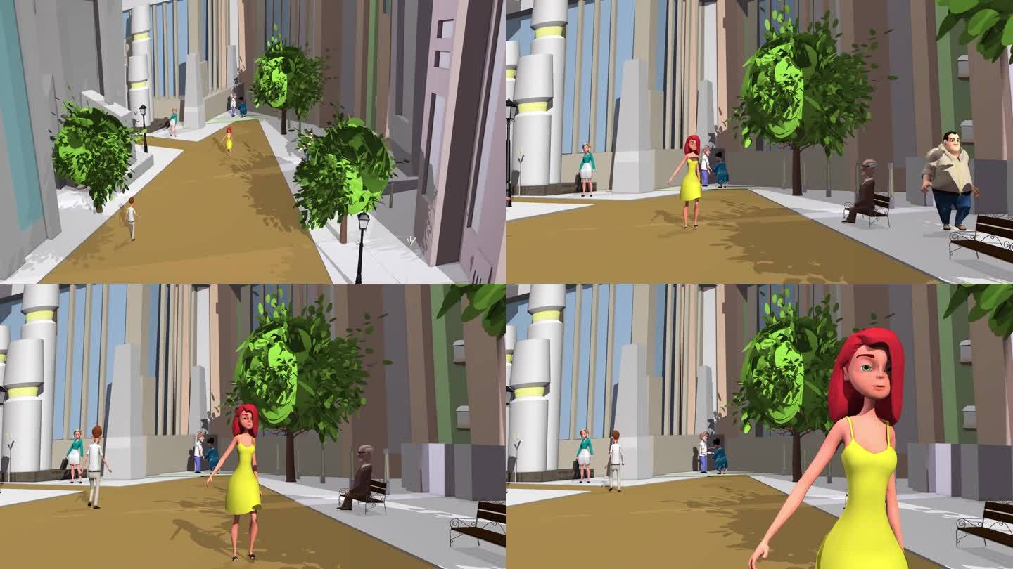 3d动画，许多卡通人物走在城市街道上