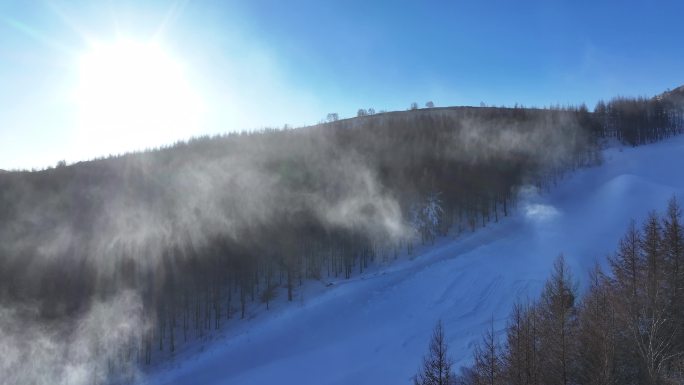 航拍北方山群雪山滑雪场