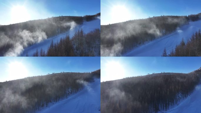 航拍北方山群雪山滑雪场