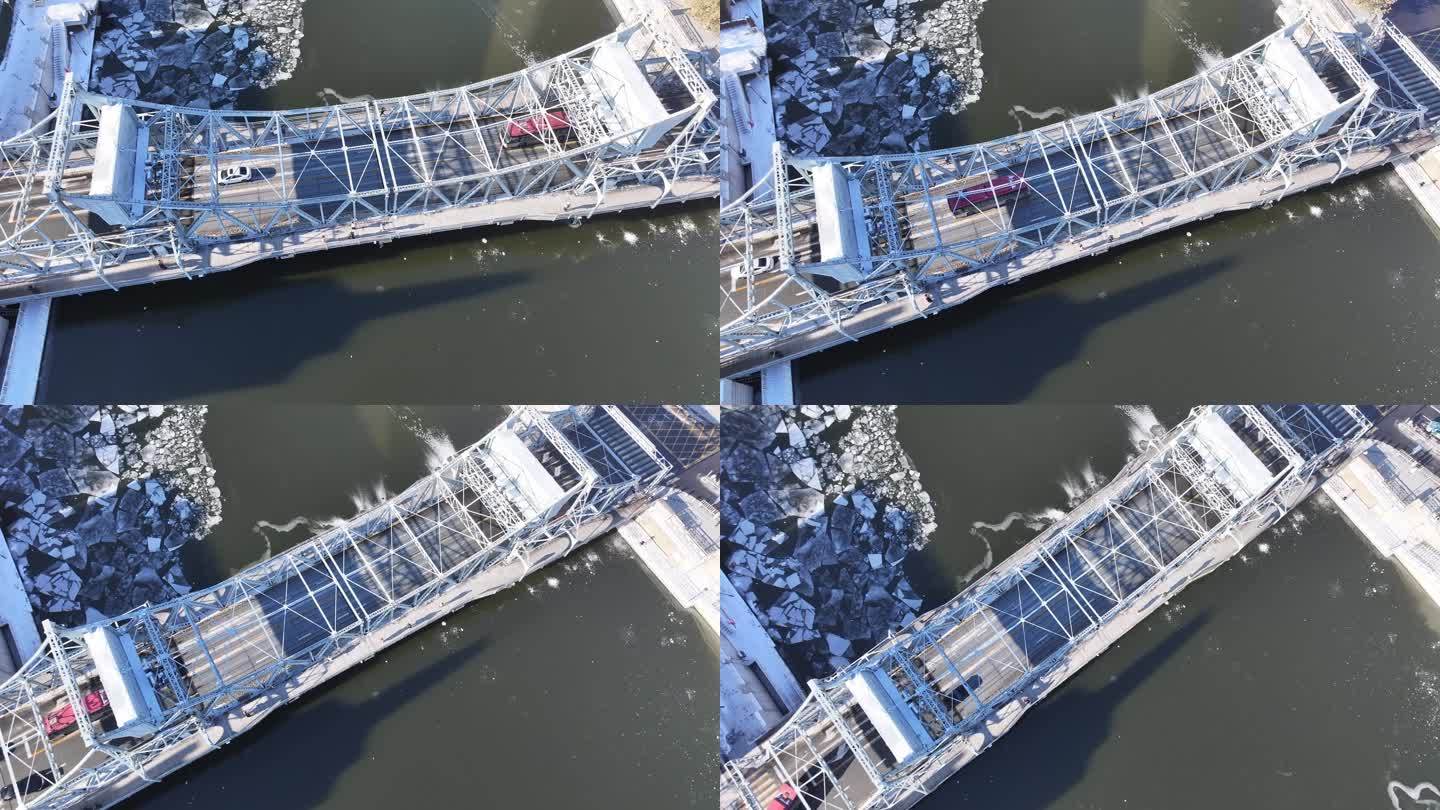 4K原素材-航拍天津市海河雪景，解放桥