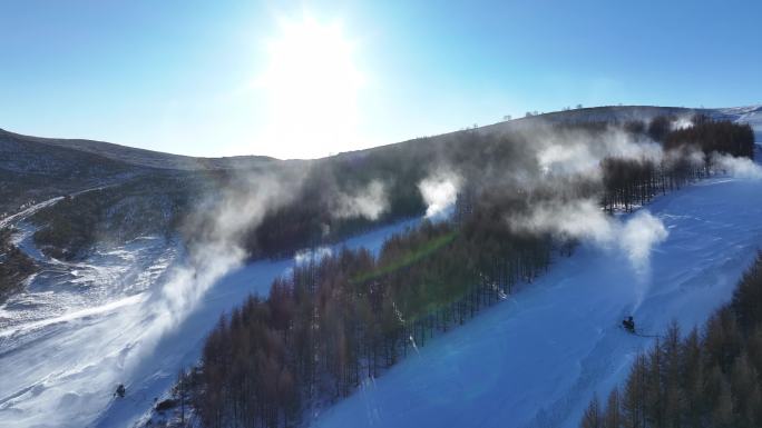 航拍北方山群雪山滑雪场