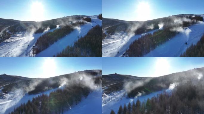 航拍北方山群雪山滑雪场