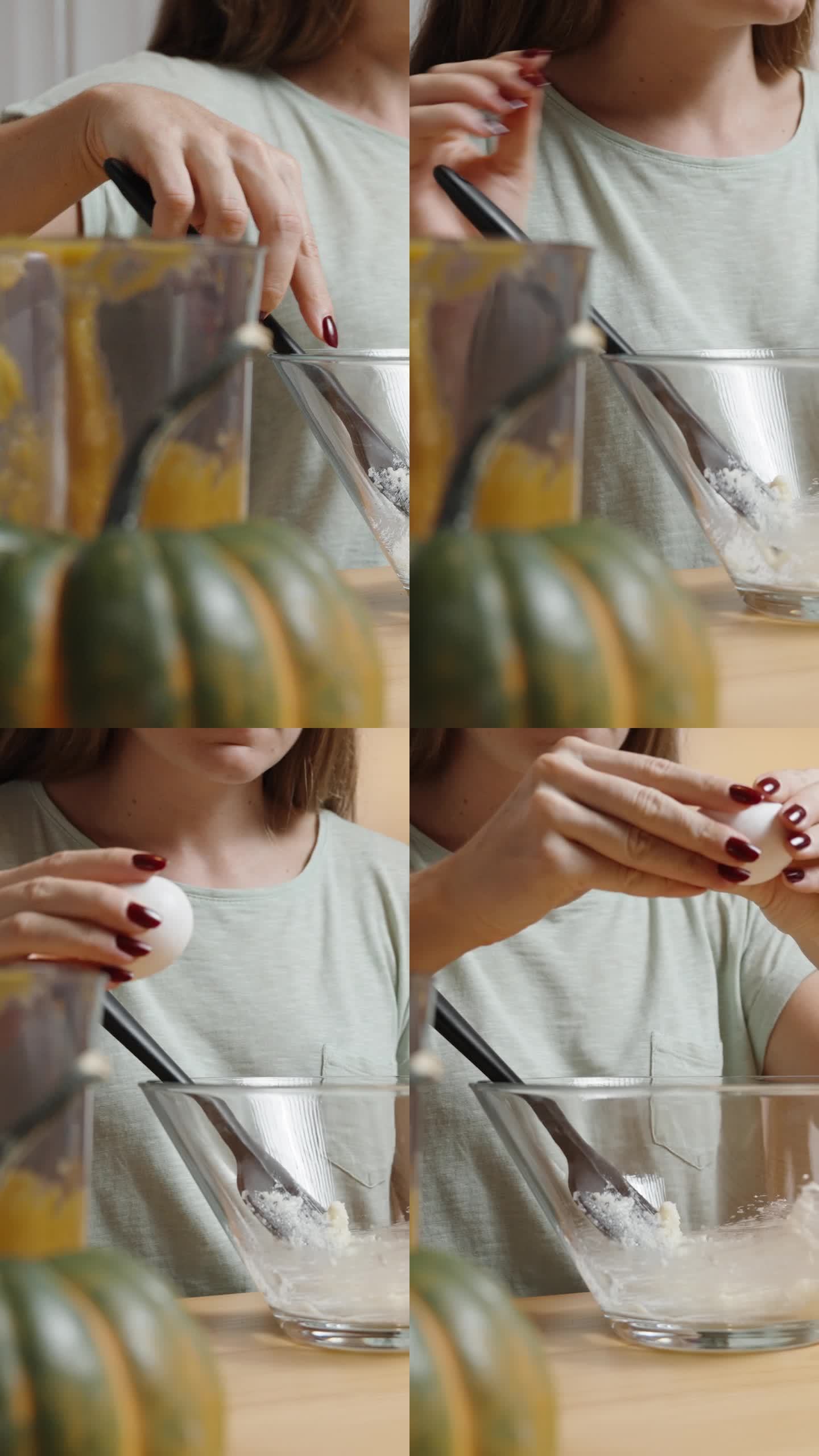 垂直视频。南瓜饼干食谱。女人把鸡蛋敲进碗里。
