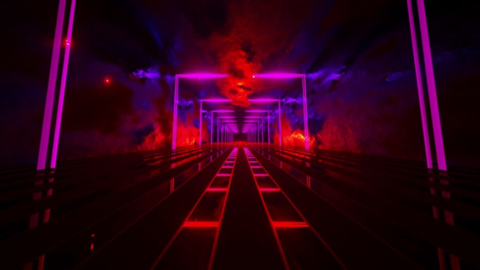 长长的隧道，红色和紫色的灯和长长的轨道线。循环动画