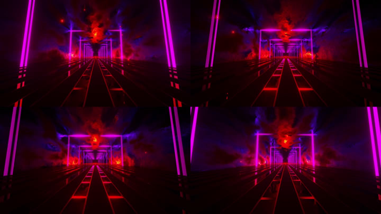 长长的隧道，红色和紫色的灯和长长的轨道线。循环动画