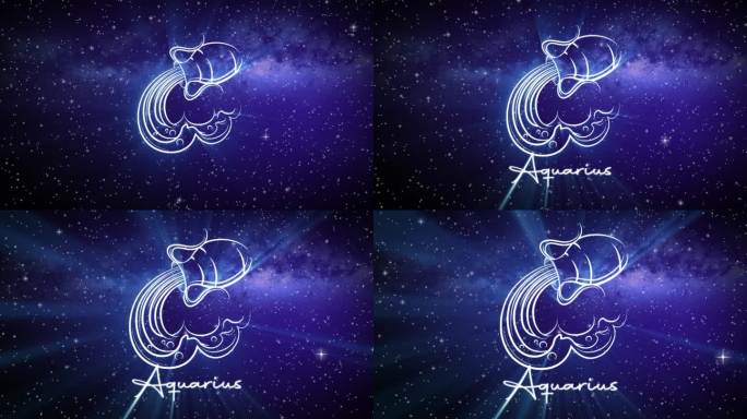 水瓶座的占星学星座，在深空的背景上有一个闪闪发光的符号，3D空间中的星星和一个平滑的相机慢慢地推进到