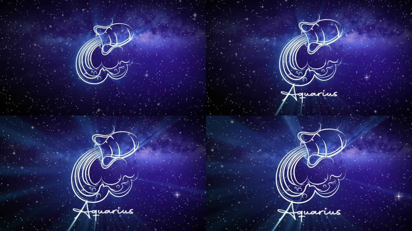 水瓶座的占星学星座，在深空的背景上有一个闪闪发光的符号，3D空间中的星星和一个平滑的相机慢慢地推进到