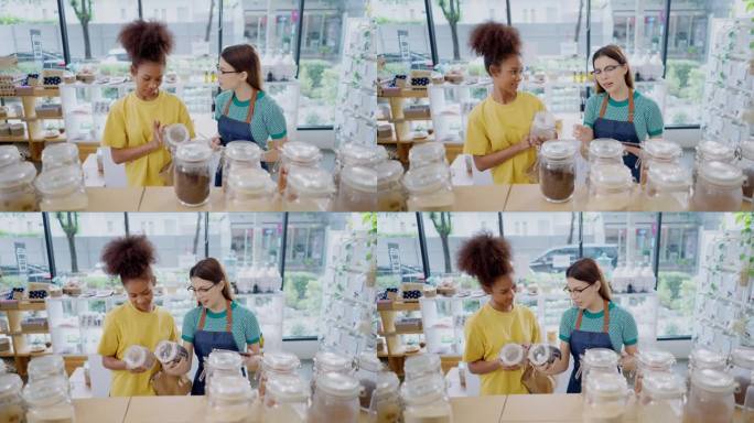 亚洲女性销售代表为穿着黄色t恤的非洲女性客户推荐合适的产品，她正在寻找健康生活方式的有机食品成分粉。