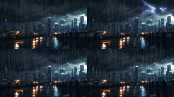 4K卡通动漫赛博朋克下雨未来城市雨景背景
