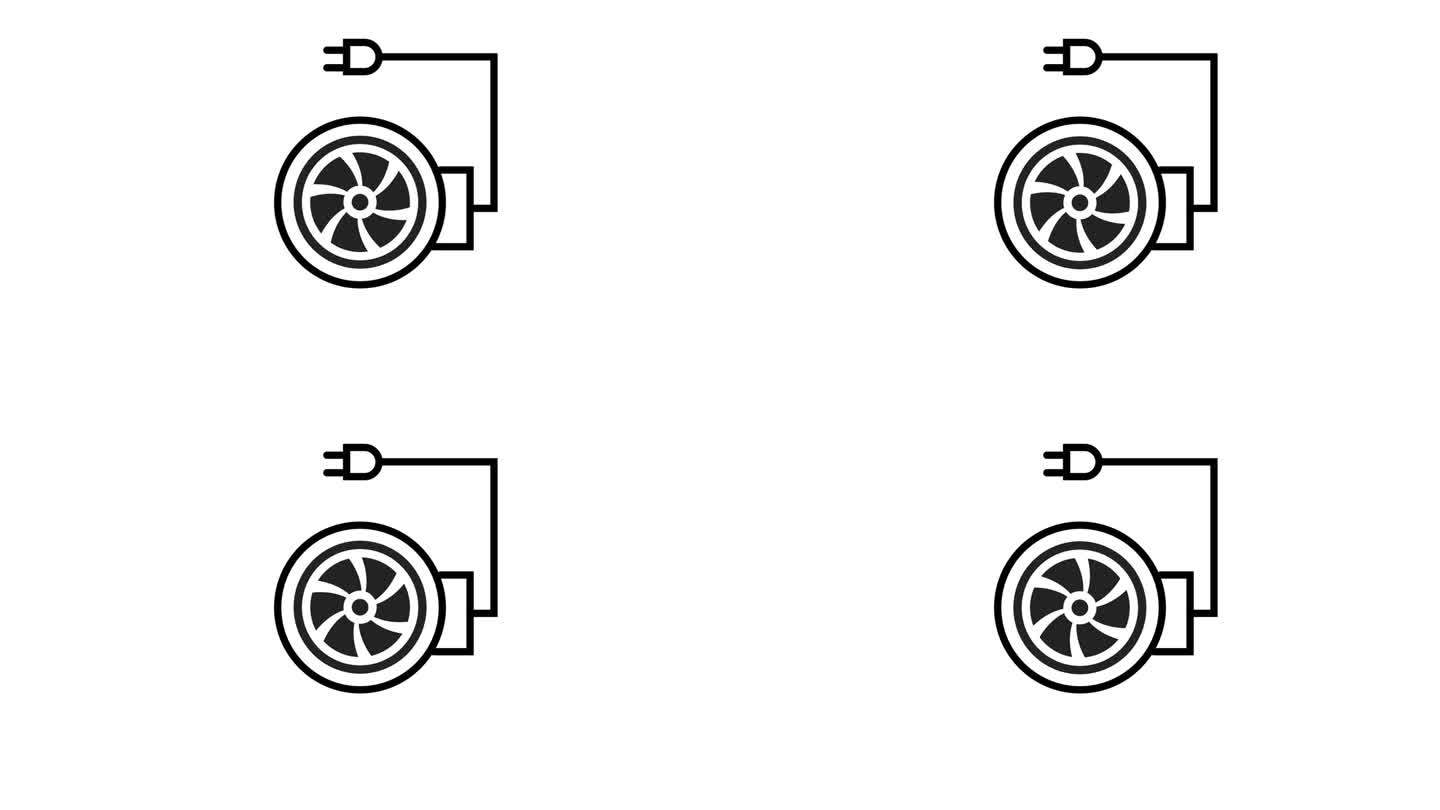 动画黑白图标的电动汽车充电插头和车轮，代表环保交通或电动汽车的概念。