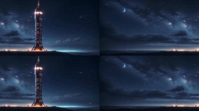 6K宽屏大屏唯美未来灯塔星空星夜背景