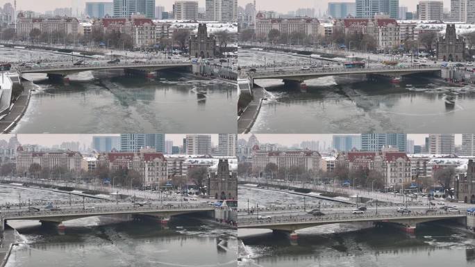 4K原素材-航拍天津市海河雪景，狮子林桥