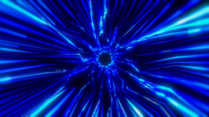 美丽的抽象蓝色隧道，由未来主义的数字条纹和线条组成，在黑色空间背景上散发着明亮的魔力。抽象的背景