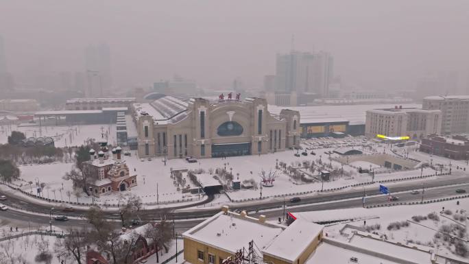 中国黑龙江哈尔滨火车站雪景航拍