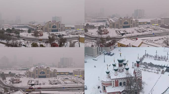中国黑龙江哈尔滨火车站雪景航拍