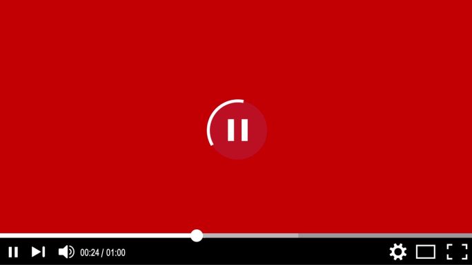 红色视频播放器全屏。多媒体表演者接口模板与暂停和播放按钮和加载条。