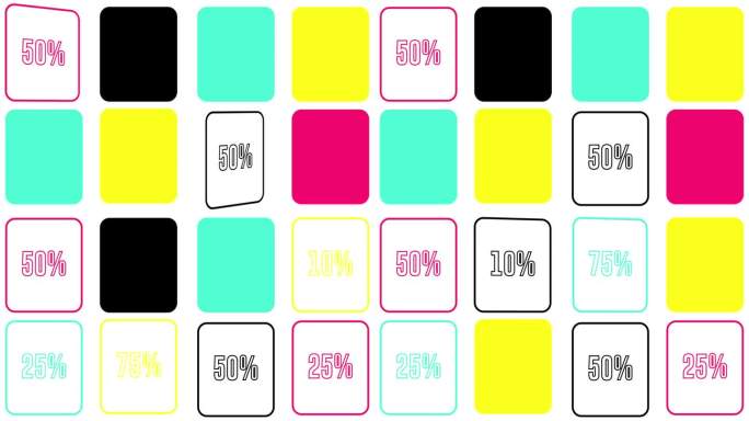 销售概念动画。抽认卡游戏，有10,25,50和75%的折扣。找到您的销售折扣4K分辨率运动设计