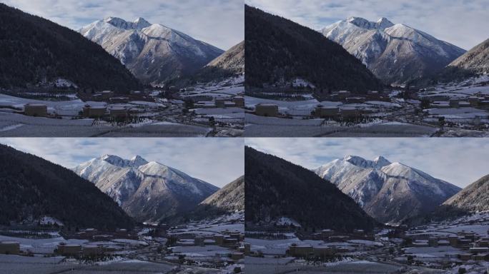 航拍雪后的川西贡嘎山乡上城子村雪景