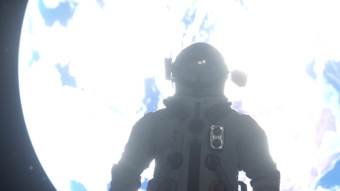 一个宇航员独自站在月球表面的环形山上