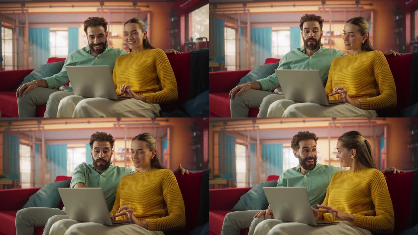 年轻夫妇坐在家里的沙发上使用笔记本电脑的肖像。男女朋友在网上购物装修房子，浏览网页比较销售情况