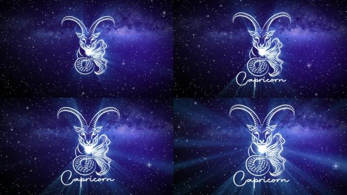 摩羯座的占星学星座，在深空的背景上有一个闪闪发光的符号，3D空间中的星星和一个平滑的相机慢慢地推进到