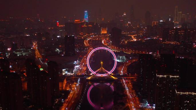 4K原素材-航拍天津夜景，天津之眼摩天轮