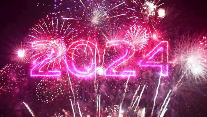 新年快乐2024烟花，移动数字轮廓由彩色闪电动画