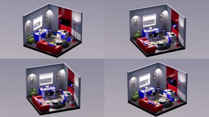 三维等距客厅，配有沙发、电视架、桌子、书桌，左右旋转，无缝循环3D动画，室内设计3D场景