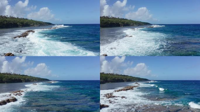 南太平洋海浪冲击汤加海岸的鸟瞰图，波利尼西亚，热带岛屿风光，无人机拍摄
