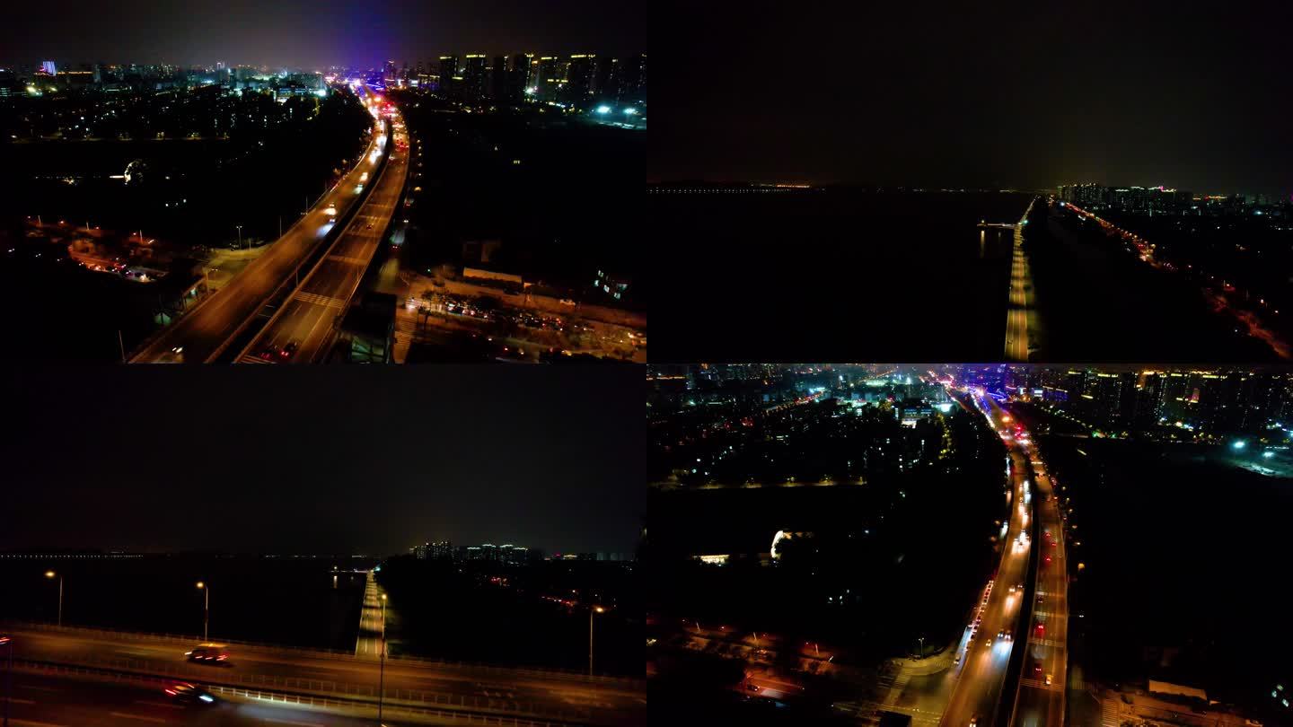 杭州钱塘江江边江东大桥夜景航拍