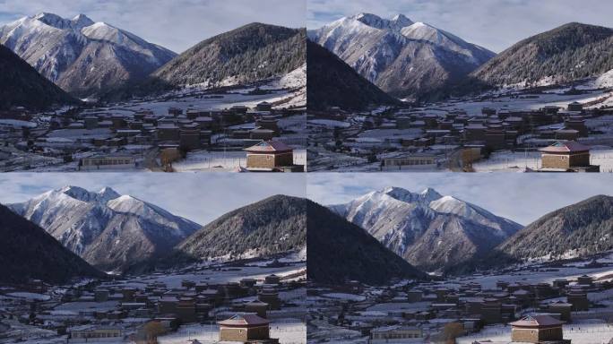 航拍雪后的川西上城子村雪景田园风光