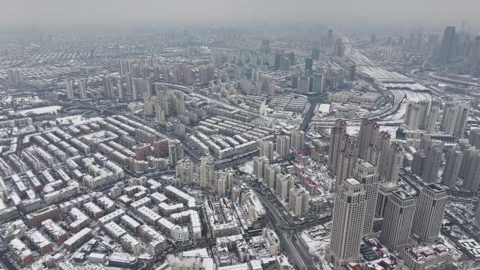 4K原素材-天津雪景，天津河北区全景