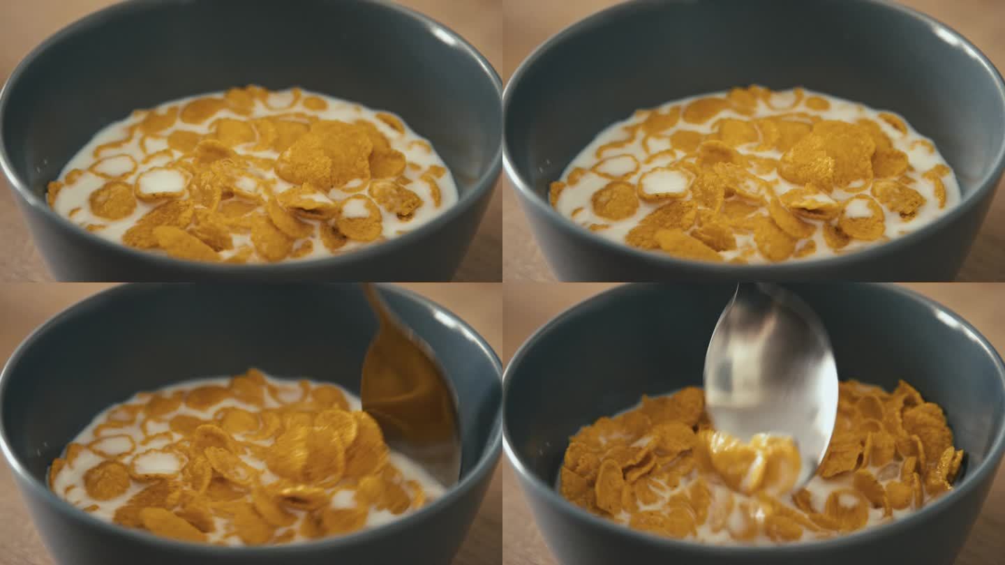 在准备健康早餐时用牛奶填满一碗麦片