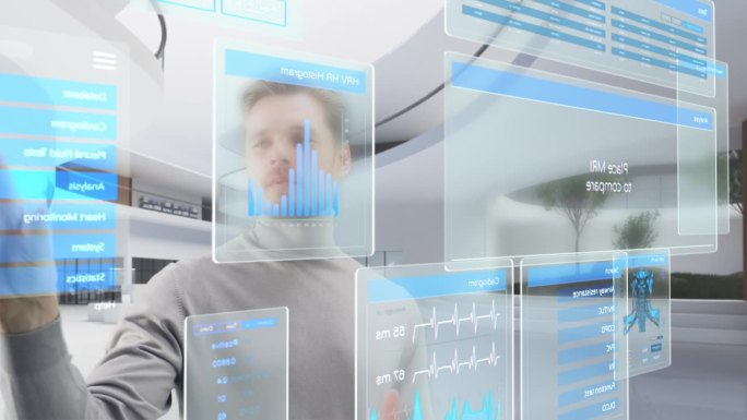 现代人使用创新的自我诊断保健全息图屏幕与医疗信息，脑部扫描，测试分析。未来医生在虚拟空间中激活实验室
