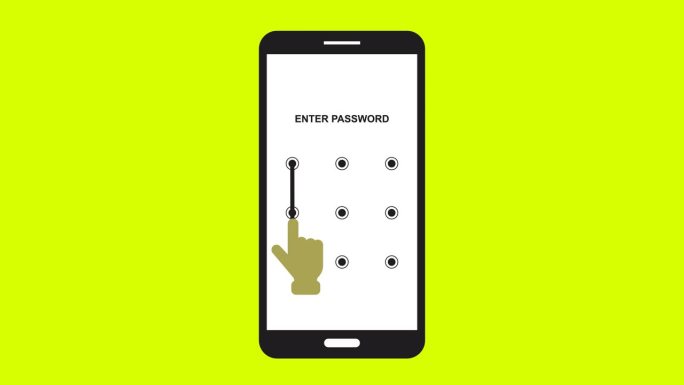 智能手机模式锁定安全动画绿屏。手机安全保护和安全锁屏密码。解锁密码界面。手机模式认证触摸屏网络安全。