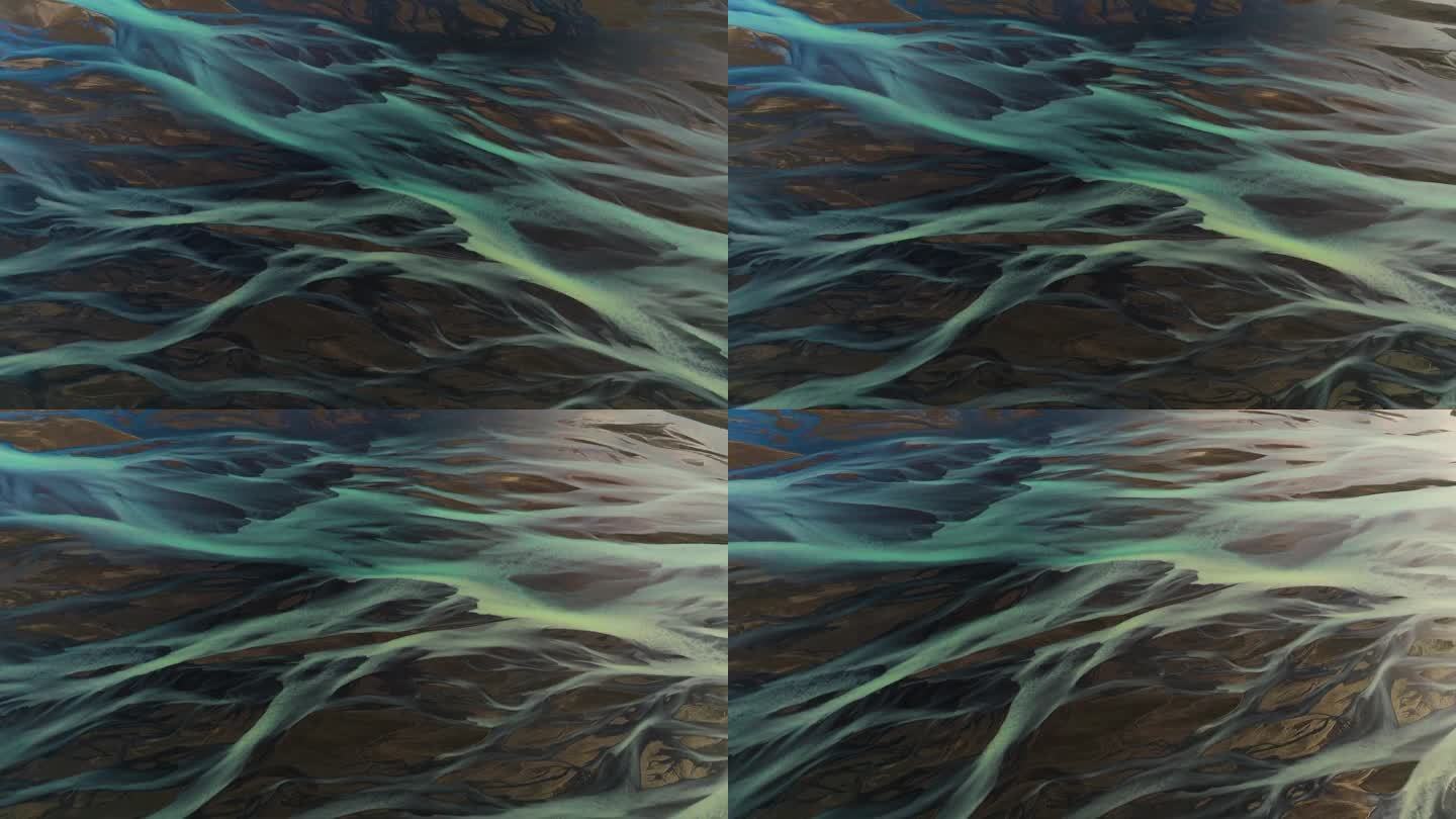 冰岛Kálfafell河辫状脉状景观细节。空中拍摄