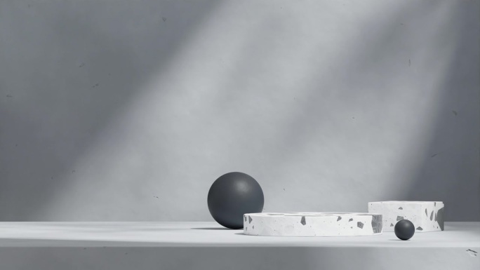 3d视频渲染黑白水磨石讲台的空场景循环无缝阴影动画与纹理球体背景