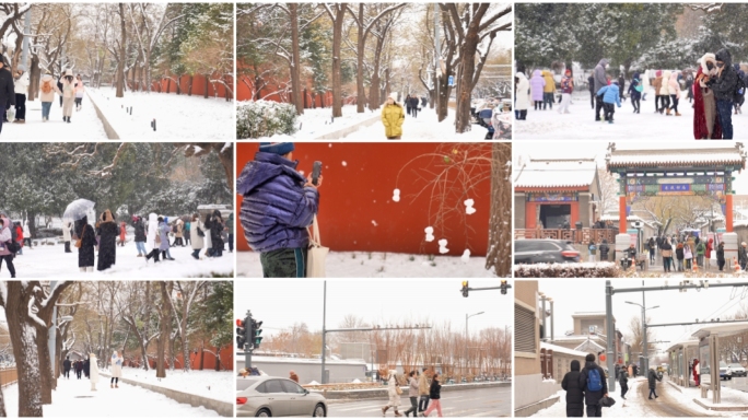 城市雪景游玩拍照打卡的人群